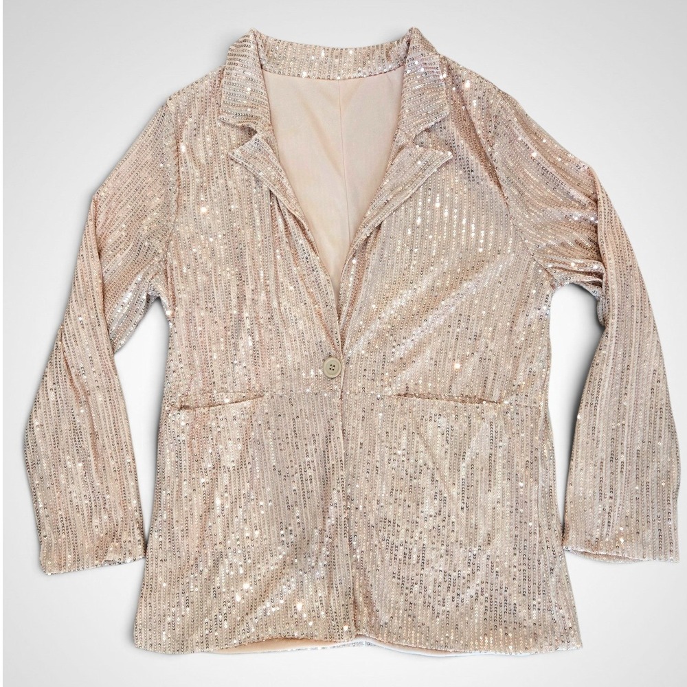 Women's Champagne Sequin Blazer Jacket One Button Party Holiday Sparkle